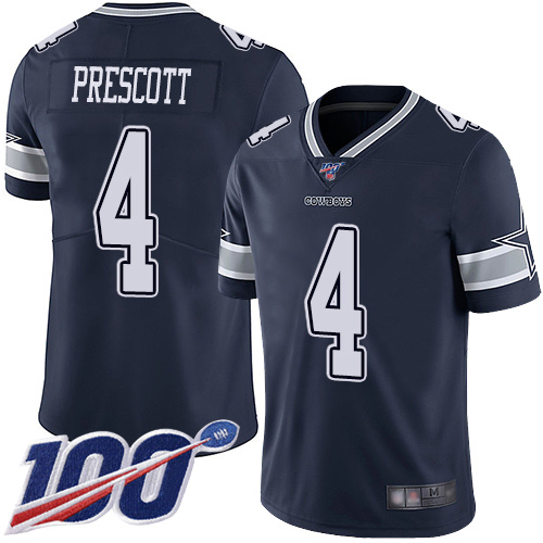 Men Dallas Cowboys Limited Navy Blue Dak Prescott Home 4 100th Season Vapor Untouchable NFL Jersey